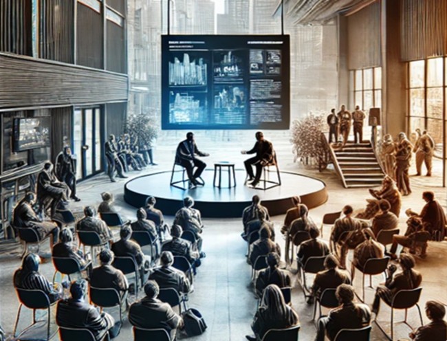 Forum attendees gathered in a bright atrium for a live presentation