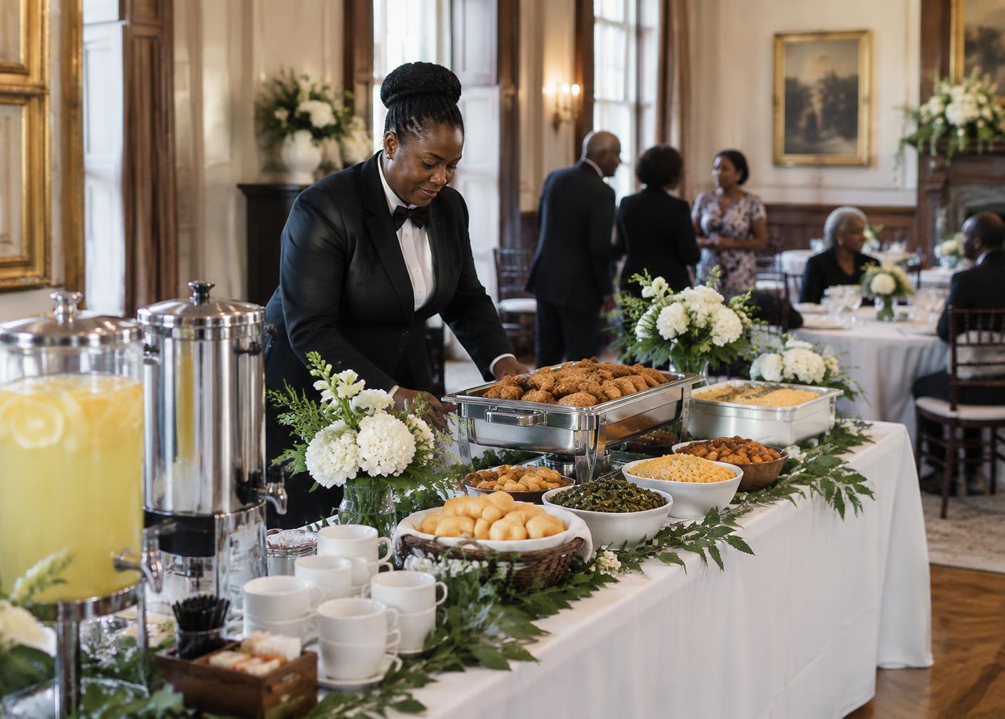 A Trinity hospitality attendant preparing a repast buffet and beverage service