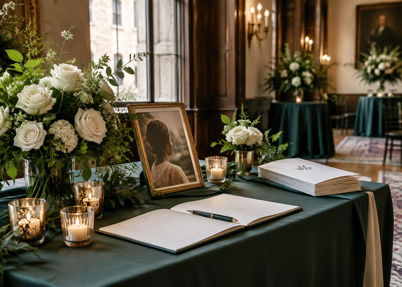 A remembrance table prepared with white flowers, candles, a guestbook and memorial portrait